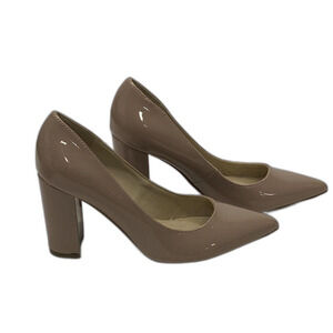 Marc Fisher Warm Taupe Faux Patent Leather Block Heel Gildy3 Pumps- 6.5M Shoe